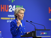 A joint press conference is held by Ursula Von Der Leyen, President of the European Commission, Charles Michel, President of the European Co...