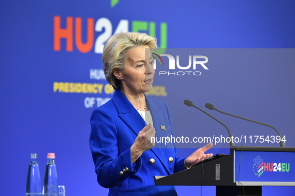 A joint press conference is held by Ursula Von Der Leyen, President of the European Commission, Charles Michel, President of the European Co...