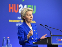 A joint press conference is held by Ursula Von Der Leyen, President of the European Commission, Charles Michel, President of the European Co...