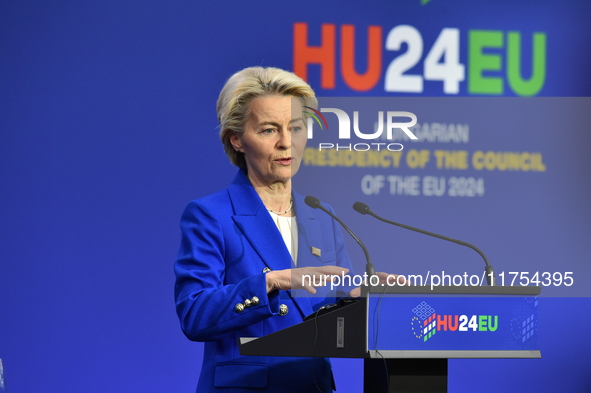 A joint press conference is held by Ursula Von Der Leyen, President of the European Commission, Charles Michel, President of the European Co...