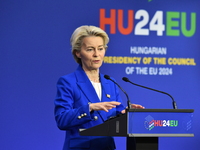 A joint press conference is held by Ursula Von Der Leyen, President of the European Commission, Charles Michel, President of the European Co...