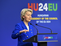 A joint press conference is held by Ursula Von Der Leyen, President of the European Commission, Charles Michel, President of the European Co...