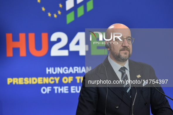 A joint press conference is held by Ursula Von Der Leyen, President of the European Commission, Charles Michel, President of the European Co...