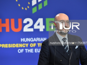 A joint press conference is held by Ursula Von Der Leyen, President of the European Commission, Charles Michel, President of the European Co...