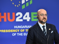 A joint press conference is held by Ursula Von Der Leyen, President of the European Commission, Charles Michel, President of the European Co...