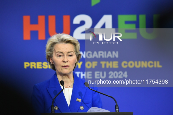 A joint press conference is held by Ursula Von Der Leyen, President of the European Commission, Charles Michel, President of the European Co...