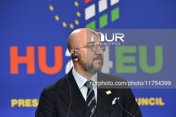 A joint press conference is held by Ursula Von Der Leyen, President of the European Commission, Charles Michel, President of the European Co...