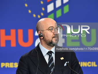 A joint press conference is held by Ursula Von Der Leyen, President of the European Commission, Charles Michel, President of the European Co...