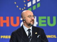 A joint press conference is held by Ursula Von Der Leyen, President of the European Commission, Charles Michel, President of the European Co...