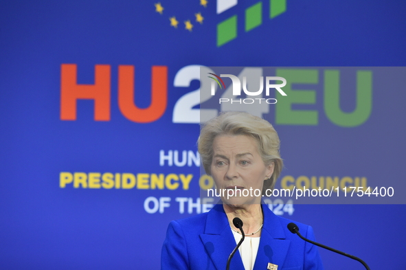 A joint press conference is held by Ursula Von Der Leyen, President of the European Commission, Charles Michel, President of the European Co...