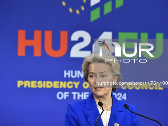 A joint press conference is held by Ursula Von Der Leyen, President of the European Commission, Charles Michel, President of the European Co...