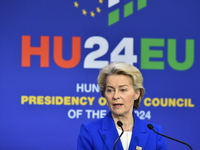 A joint press conference is held by Ursula Von Der Leyen, President of the European Commission, Charles Michel, President of the European Co...