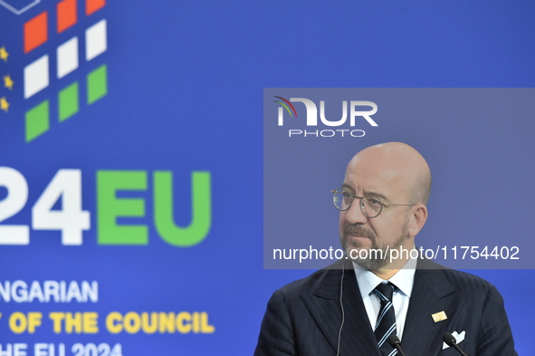 A joint press conference is held by Ursula Von Der Leyen, President of the European Commission, Charles Michel, President of the European Co...