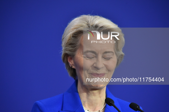 A joint press conference is held by Ursula Von Der Leyen, President of the European Commission, Charles Michel, President of the European Co...