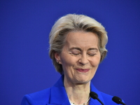 A joint press conference is held by Ursula Von Der Leyen, President of the European Commission, Charles Michel, President of the European Co...