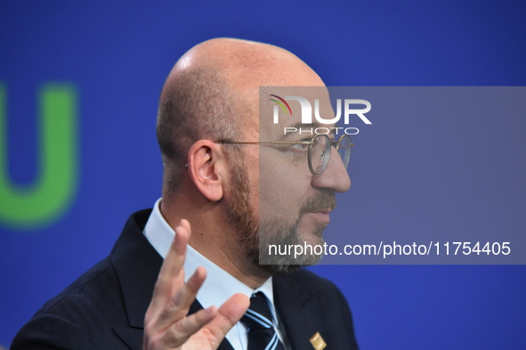 A joint press conference is held by Ursula Von Der Leyen, President of the European Commission, Charles Michel, President of the European Co...