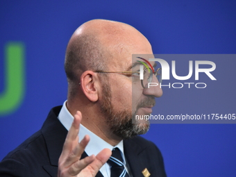 A joint press conference is held by Ursula Von Der Leyen, President of the European Commission, Charles Michel, President of the European Co...