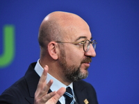 A joint press conference is held by Ursula Von Der Leyen, President of the European Commission, Charles Michel, President of the European Co...