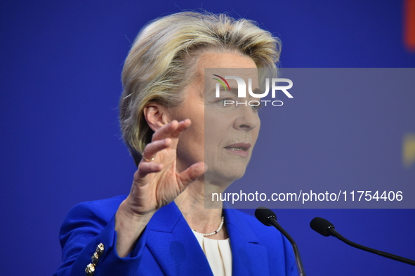 A joint press conference is held by Ursula Von Der Leyen, President of the European Commission, Charles Michel, President of the European Co...