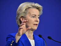 A joint press conference is held by Ursula Von Der Leyen, President of the European Commission, Charles Michel, President of the European Co...