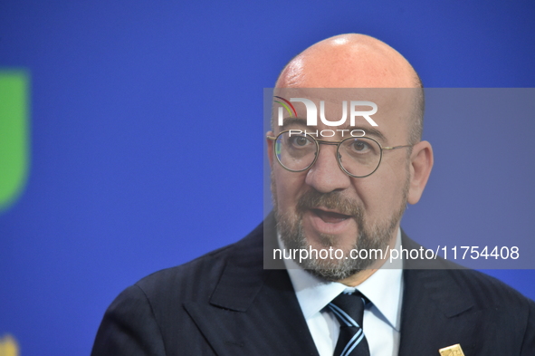 A joint press conference is held by Ursula Von Der Leyen, President of the European Commission, Charles Michel, President of the European Co...