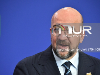 A joint press conference is held by Ursula Von Der Leyen, President of the European Commission, Charles Michel, President of the European Co...