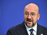 A joint press conference is held by Ursula Von Der Leyen, President of the European Commission, Charles Michel, President of the European Co...