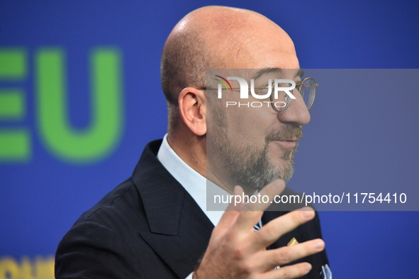 A joint press conference is held by Ursula Von Der Leyen, President of the European Commission, Charles Michel, President of the European Co...