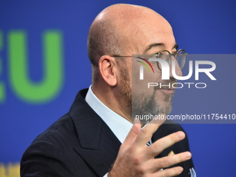 A joint press conference is held by Ursula Von Der Leyen, President of the European Commission, Charles Michel, President of the European Co...