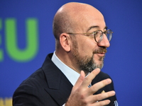 A joint press conference is held by Ursula Von Der Leyen, President of the European Commission, Charles Michel, President of the European Co...