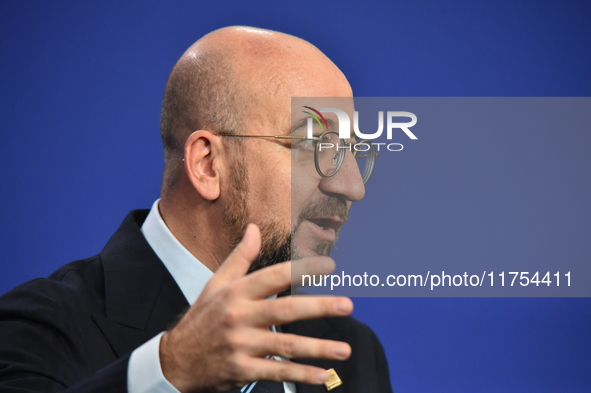 A joint press conference is held by Ursula Von Der Leyen, President of the European Commission, Charles Michel, President of the European Co...