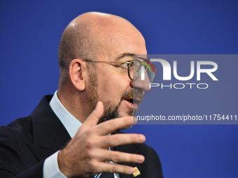 A joint press conference is held by Ursula Von Der Leyen, President of the European Commission, Charles Michel, President of the European Co...