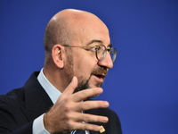 A joint press conference is held by Ursula Von Der Leyen, President of the European Commission, Charles Michel, President of the European Co...