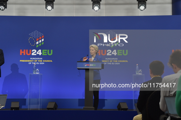 A joint press conference is held by Ursula Von Der Leyen, President of the European Commission, Charles Michel, President of the European Co...