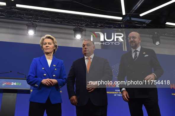 A joint press conference is held by Ursula Von Der Leyen, President of the European Commission, Charles Michel, President of the European Co...