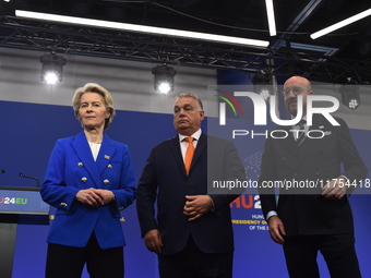 A joint press conference is held by Ursula Von Der Leyen, President of the European Commission, Charles Michel, President of the European Co...