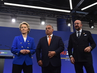 A joint press conference is held by Ursula Von Der Leyen, President of the European Commission, Charles Michel, President of the European Co...