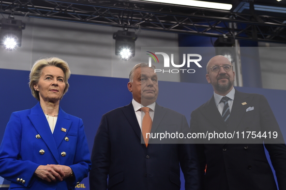 A joint press conference is held by Ursula Von Der Leyen, President of the European Commission, Charles Michel, President of the European Co...