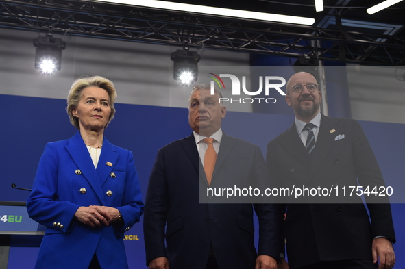 A joint press conference is held by Ursula Von Der Leyen, President of the European Commission, Charles Michel, President of the European Co...