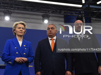 A joint press conference is held by Ursula Von Der Leyen, President of the European Commission, Charles Michel, President of the European Co...