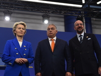 A joint press conference is held by Ursula Von Der Leyen, President of the European Commission, Charles Michel, President of the European Co...