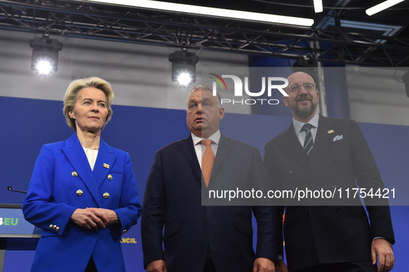 A joint press conference is held by Ursula Von Der Leyen, President of the European Commission, Charles Michel, President of the European Co...