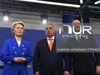 A joint press conference is held by Ursula Von Der Leyen, President of the European Commission, Charles Michel, President of the European Co...