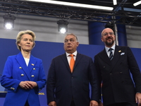 A joint press conference is held by Ursula Von Der Leyen, President of the European Commission, Charles Michel, President of the European Co...