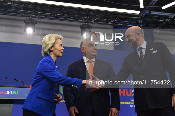 A joint press conference is held by Ursula Von Der Leyen, President of the European Commission, Charles Michel, President of the European Co...