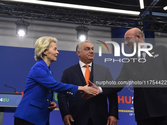 A joint press conference is held by Ursula Von Der Leyen, President of the European Commission, Charles Michel, President of the European Co...