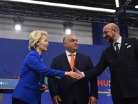 A joint press conference is held by Ursula Von Der Leyen, President of the European Commission, Charles Michel, President of the European Co...