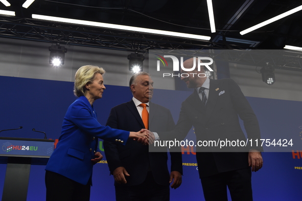 A joint press conference is held by Ursula Von Der Leyen, President of the European Commission, Charles Michel, President of the European Co...