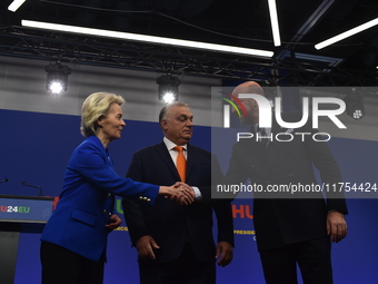 A joint press conference is held by Ursula Von Der Leyen, President of the European Commission, Charles Michel, President of the European Co...