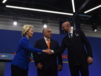 A joint press conference is held by Ursula Von Der Leyen, President of the European Commission, Charles Michel, President of the European Co...